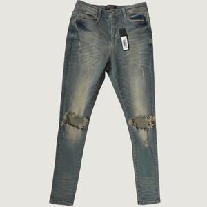 Legend London Spray-On Stone Wash Distressed Knee Jeans Blue 28x30